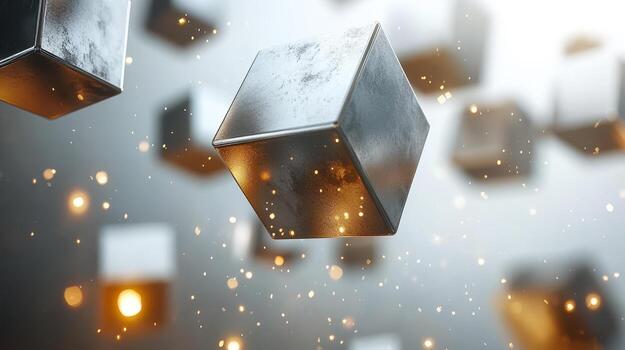 metal cubitos flotante, chispas, gris fondo, tecnología concepto foto