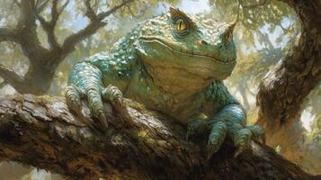 Large Fantasy Toad on Branch, Forest Background, Fairytale Illustration photo