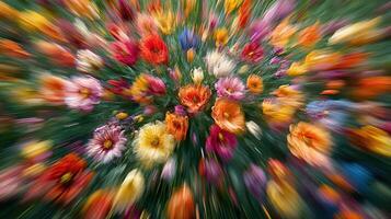 Colorful flower burst zoom, garden spring bloom, vibrant petals, background blur, website header photo