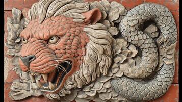 Asian lion serpent tile carving, temple detail photo