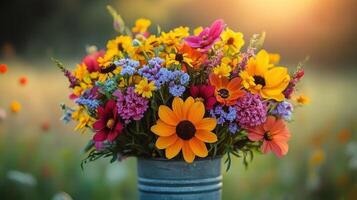 Vibrant wildflower bouquet sunset field greeting card photo