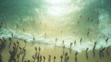 Aerial view beach crowd ocean waves summer fun photo