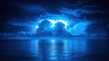 Ocean storm, lightning striking, dark clouds, night, dramatic weather, background image photo