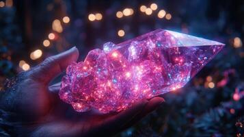 Glowing crystal held, mystical forest background, fantasy art photo