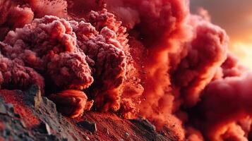 Volcano eruption with red lava smoke and rock fragments against sky photo