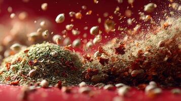 Vibrant spices in dynamic motion create a flavorful culinary explosion photo