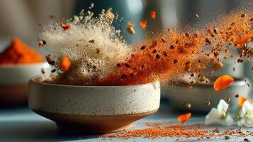 Vibrant spices explode from a ceramic bowl creating dynamic food photography photo