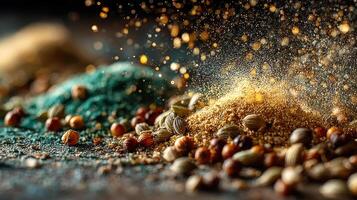 Vibrant spices create an aromatic explosion with golden particles flying around photo