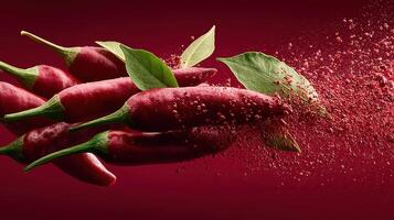 Vibrant red chili peppers with green leaves and chili powder explosion photo
