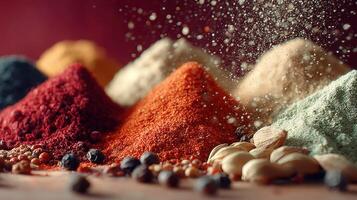 Vibrant piles of colorful spices and nuts creating a culinary delight photo