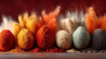 Vibrant explosion of colorful spices and powders for culinary delights photo