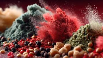 Vibrant explosion of colorful spices and peppercorns creating culinary art photo