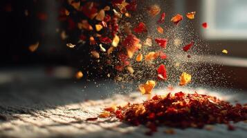 Vibrant chili flakes falling onto a textured surface creating a dynamic food image photo
