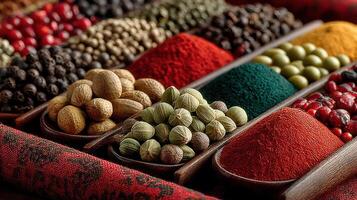 Vibrant assortment of spices in wooden spoons for culinary inspiration ideas photo