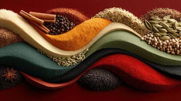 Vibrant Spices Wavy Layers Arrangement on Red Backdrop for Culinary Art photo