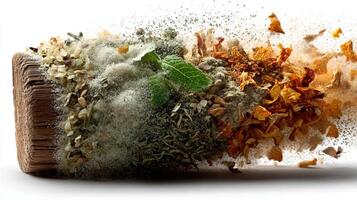 Variety of dried herbs and spices explosion on a wooden block closeup photo