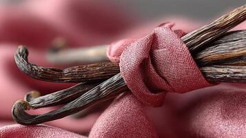 Vanilla beans tied with pink fabric create a flavorful dessert ingredient shot photo