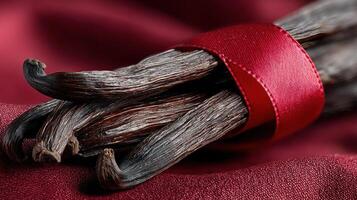 Vanilla bean pods tied with red ribbon on luxurious satin fabric photo
