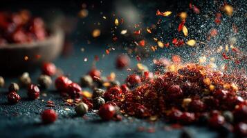 Spicy chili flakes and peppercorns create a vibrant culinary explosion photo