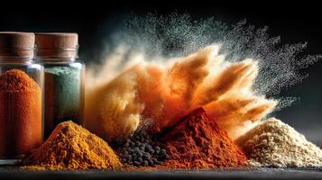 Spices explosion with vibrant colors and textures for culinary creations photo