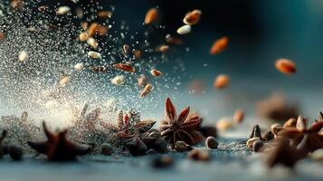 Spices explosion with star anise and seeds creating dynamic composition photo
