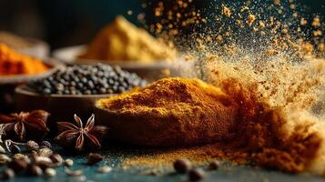 Spices explosion with vibrant colors and aromatic textures for cooking photo