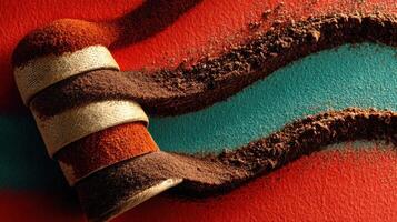Spice tower with red and brown powders spilling on textured backdrop photo