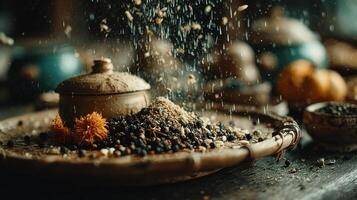 Spices Still Life with Herbs and Seeds in a Rustic Kitchen Setting photo