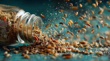 Spice explosion with cumin seeds scattering from a glass jar in motion photo