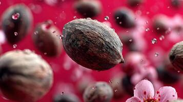 Shea nuts and pink blossoms in water drops in a beautiful close up shot photo