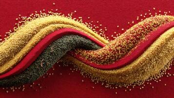 Sesame Seeds Arrangement on Red Fabric Background Creates Abstract Design photo