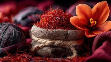 Saffron threads in burlap sack with flower and ball of yarn closeup shot photo