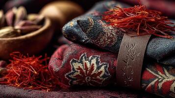 Saffron threads on patterned fabrics with wooden bowl and leather wrap photo