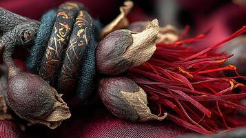 Saffron threads close up with botanical elements and ancient textiles photo