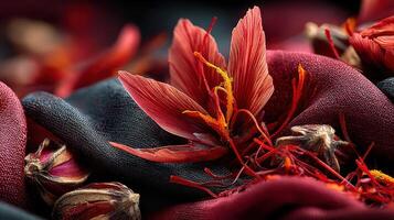 Saffron threads and flower petals resting on textured fabrics close up view photo