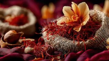 Saffron spice in a sack with crocus flower on a red fabric background photo
