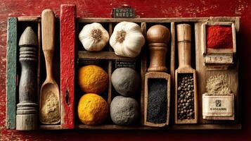 Rustic spices and herbs in vintage wooden box create culinary delight image photo