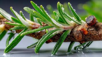 Rosemary sprig glistening with water droplets showcasing fresh herb detail photo