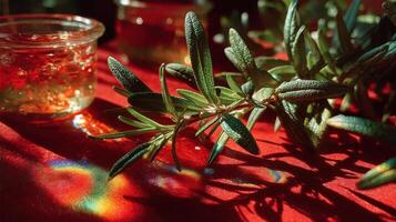 Rosemary sprigs in sunlight create a vibrant still life on red fabric photo