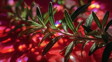 Rosemary branch bathed in festive red light creates a warm ambiance photo