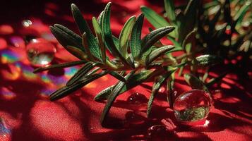 Rosemary herb with water droplets on red fabric creating prism effect photo