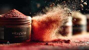 Red pigment powder explosion with jar creates a vibrant dynamic scene photo