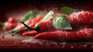 Red chili peppers with spices and leaves create a spicy food concept photo