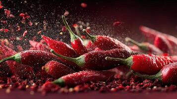 Red chili peppers with spices and herbs creating culinary background photo