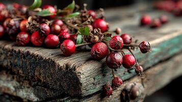 Red berries on rustic wood create a sense of natural autumn abundance photo