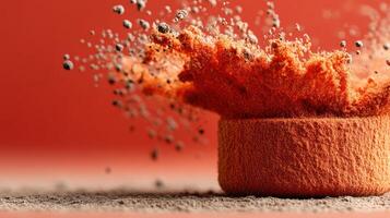 Powder explosion with orange dust and flying particles in dynamic motion photo