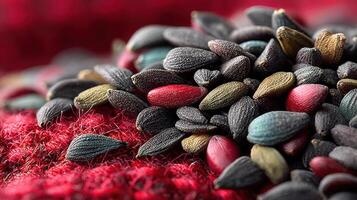 Pile of colorful seeds on red fabric texture close up artistic detail photo