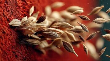 Macro shot showing a cluster of dill seeds on red surface and dispersal photo