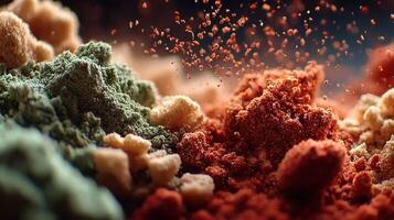 Macro shot of colorful powders creating abstract textured background photo