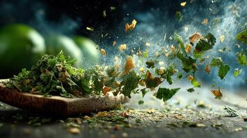 Herbs exploding from a wooden spoon create a dynamic culinary image photo